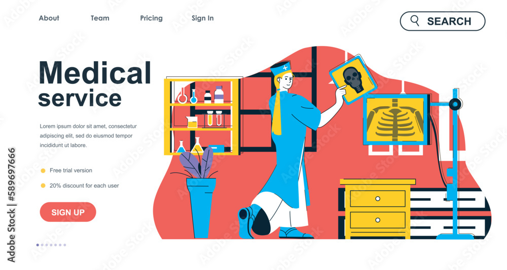 Poster medical service concept for landing page template. doctor exams at x-ray picture, diagnoses and trea