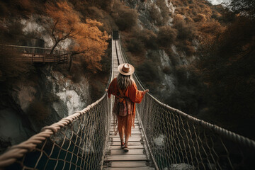 Boho girl walking at a suspension bridge over a canyon, rear view. Travel light with ease and let nature guide you concept. Generative AI