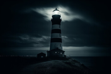 A dark and eerie lighthouse stands tall in the night, with a bright and ominous light shining from its tower. Generative AI
