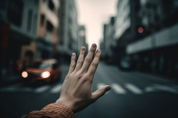A closeup shot of a hand in focus as a stop sign at a crosswalk, emphasizing the importance of pedestrian safety. Generative AI