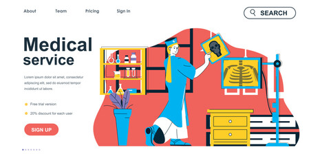 Medical service concept for landing page template. Doctor exams at x-ray picture, diagnoses and treats. Hospital clinic people scene. Vector illustration with flat character design for web banner