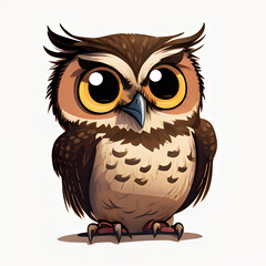 A charming brown owl with big yellow eyes, cartoon character design, cute and lovable portrait
