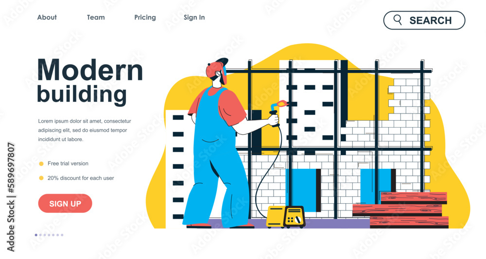 Aufkleber modern building concept for landing page template. builder working and welding metal structures. rea