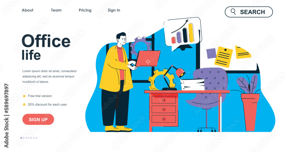 Aufkleber Office life concept for landing page template. Manager working and doing work tasks in workplace. Workflow and management people scene. Vector illustration with flat character design for web banner