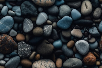 Fototapeta na wymiar Texture of sea pebbles, arranged in a moody background. The combination of earthy colors, smooth textures, and soft lighting. A calming and relaxing zen atmosphere. Generative AI