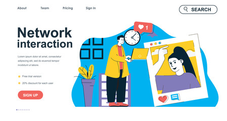 Network interaction concept for landing page template. Man likes post with woman photo on social networks. Blog followers people scene. Vector illustration with flat character design for web banner