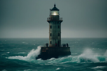 The strength and beauty of a lighthouse tower, perched on a rocky cliff and overlooking the endless blue of the ocean. Generative AI
