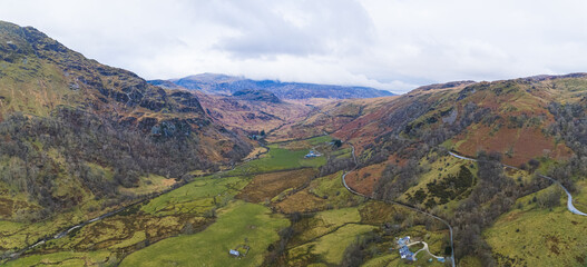 Wales Snowdonia, Panoramic Drone View. Varied landscape of steep river gorges, waterfalls and green valleys. High quality photo