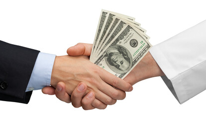 Closeup of Two Business People Shaking Hands with Money