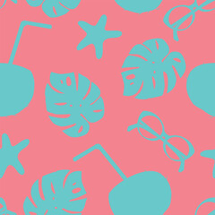 Summer seamless pattern with tropical elements on pink background.