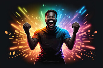 Cartoon illustration of happy excited african american gamer or bet winner shouting yes with clenched fists after winning competition isolated on background with colorful neon lights. Generative AI - obrazy, fototapety, plakaty