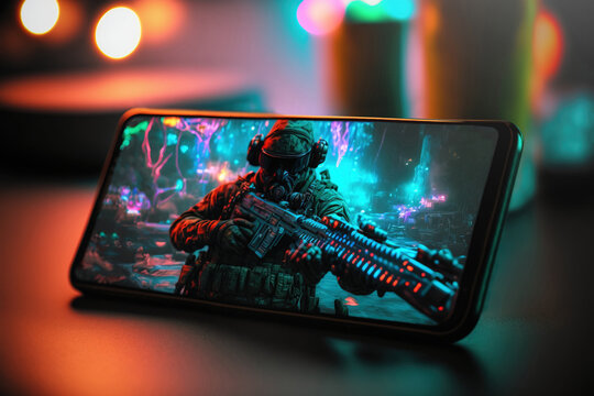 Smartphone with shooting video game on screen standing on table of pro gamer, spending leisure time playing online in mobile games. Mobile gaming and streaming esports concept. Generative AI