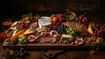 A charcuterie board with an assortment of cured meats, cheeses, crackers, and fruits arranged in a stunning display. Generative AI