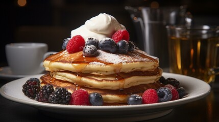 A tower of fluffy pancakes with butter and syrup, topped with fresh berries and whipped cream. Generative AI - obrazy, fototapety, plakaty