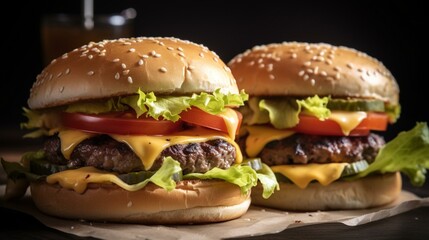 A plate of juicy burgers with melted cheese, crisp lettuce, and fresh tomato slices. Generative AI