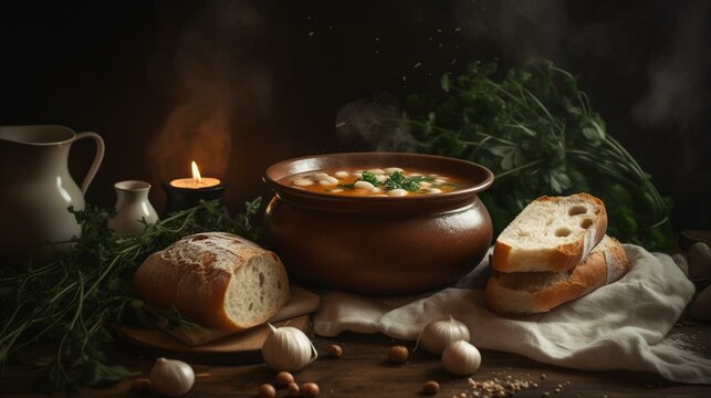 A Bowl Of Hearty Soup With Steam Rising From The Top, Surrounded By Freshly Baked Bread And Herbs. Generative AI