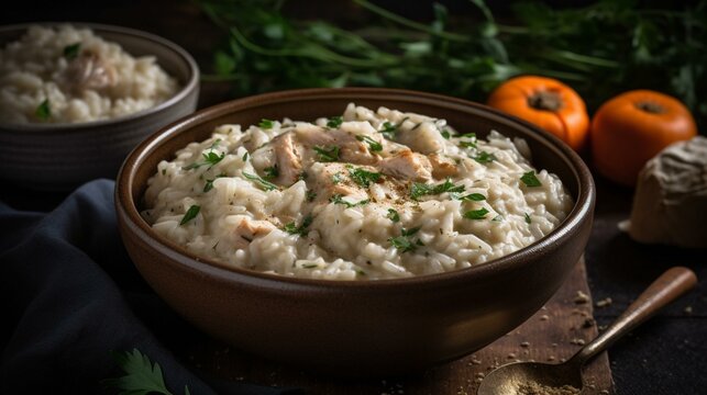 A bowl of creamy risotto with tender pieces of chicken and fragrant herbs. Generative AI