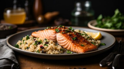 A plate of juicy grilled salmon with a side of lemony quinoa and a sprinkle of fresh herbs. Generative AI