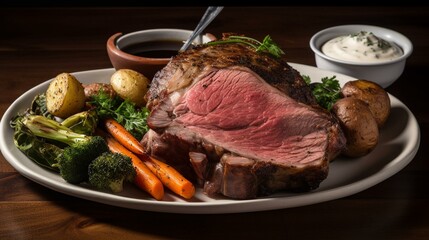 A platter of juicy prime rib with a side of creamy horseradish sauce and roasted vegetables. Generative AI