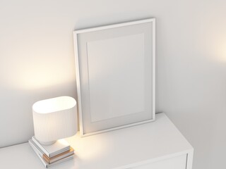 White Poster Art Frame Mockup with passepartout on commode with lamp, 3d rendering