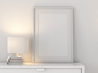 Poster Art Frame Mockup with passepartout on commode with lamp, 3d rendering