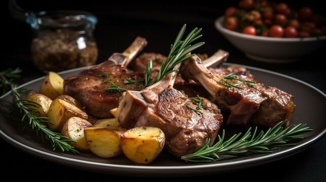 A plate of tender lamb chops with a side of roasted potatoes and a sprinkle of fresh rosemary. Generative AI