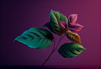 a pink flower with green leaves on a purple background with a purple background behind it is a single flower with green leaves on the stem. generative ai