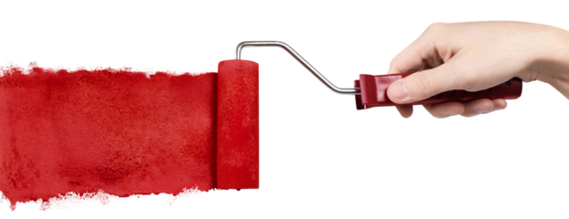 Hand draws with red paint using a red roller brush, cut out