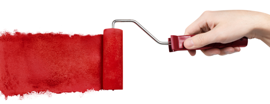 Hand draws with red paint using a red roller brush, cut out