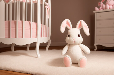 Cute soft toy bunny sitting on floor in children's room. Generative AI.