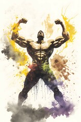 an illustration of a human bodybuilder, in the style of colorful washes, marvel comics, dark white and yellow, colorful explosions, aquarellist, generative ai