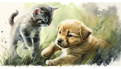 golden retriever puppy playing with a little cat outdoors, watercolor painting, generative ai