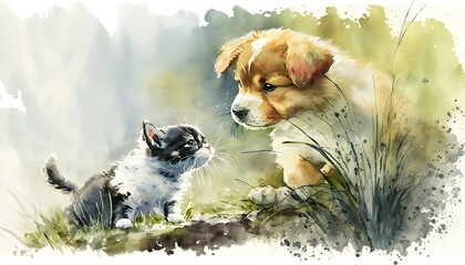 dog playing with a cat outdoors, wildlife, water color painting , generative ai