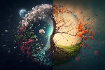 Spring equinox, two trees and all four seasons with flowers on them together, in the style of surrealistic dreamlike scenes, generative ai