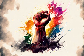 protest fist splashing paint with rainbow, in the style of ink wash painter, genrative ai