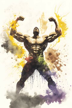 an illustration of a human bodybuilder, in the style of colorful washes, marvel comics, dark white and yellow, colorful explosions, aquarellist, generative ai