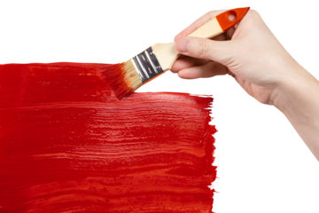 Hand draws with red paint using a thick brush, cut out