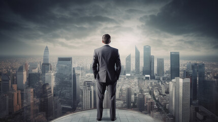 Plakat Back view of businessman looking at skyscrapers against cloudy sky background ai generated artwork
