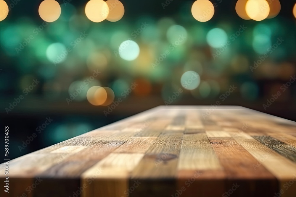 Poster wooden table with bokeh lights in the background. generative ai