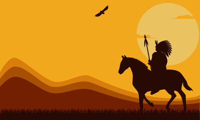 Native American Day Background silhouettes at sunset with copy space area