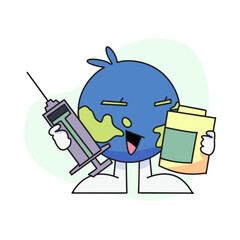 cute globe holding vaccine injection and medicine pill container.