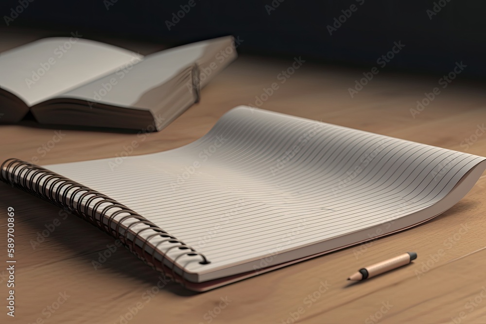 Poster notebook and pencil on a wooden table. generative ai