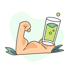 flat vector illustration, hands clenched healthy by drinking fruit juice.