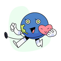 flat vector illustration, cute globe wearing a stethoscope with a heart hugging