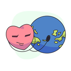 flat vector illustration, cute heart using stethoscope checking globe.