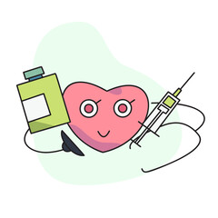 flat vector illustration, cute heart holding vaccine injection with stethoscope and pill container.
