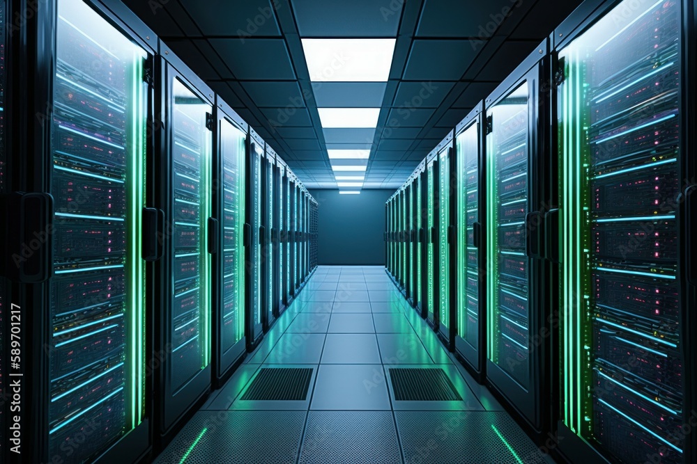 Poster modern data center with computer servers. ai generated, human enhanced.