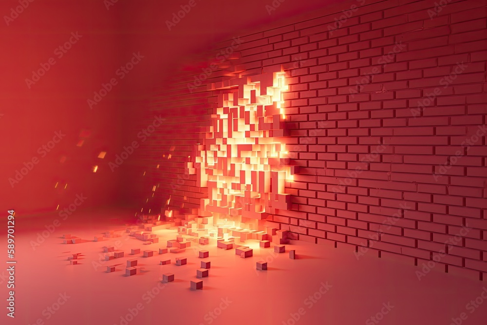 Poster brick wall covered in colorful cubes of various sizes and shapes. generative ai
