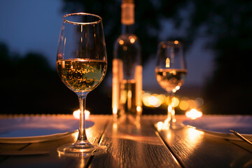 Romantic candle light dinner setting with wine and city view 