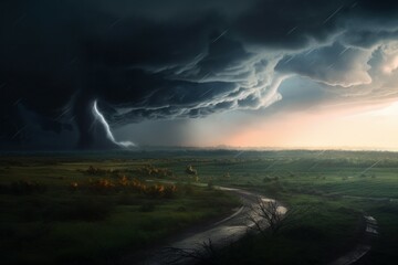 Tornado In Stormy Landscape. Hurricane wind. Climate Change And Natural Disaster Concept. AI generated, human enhanced